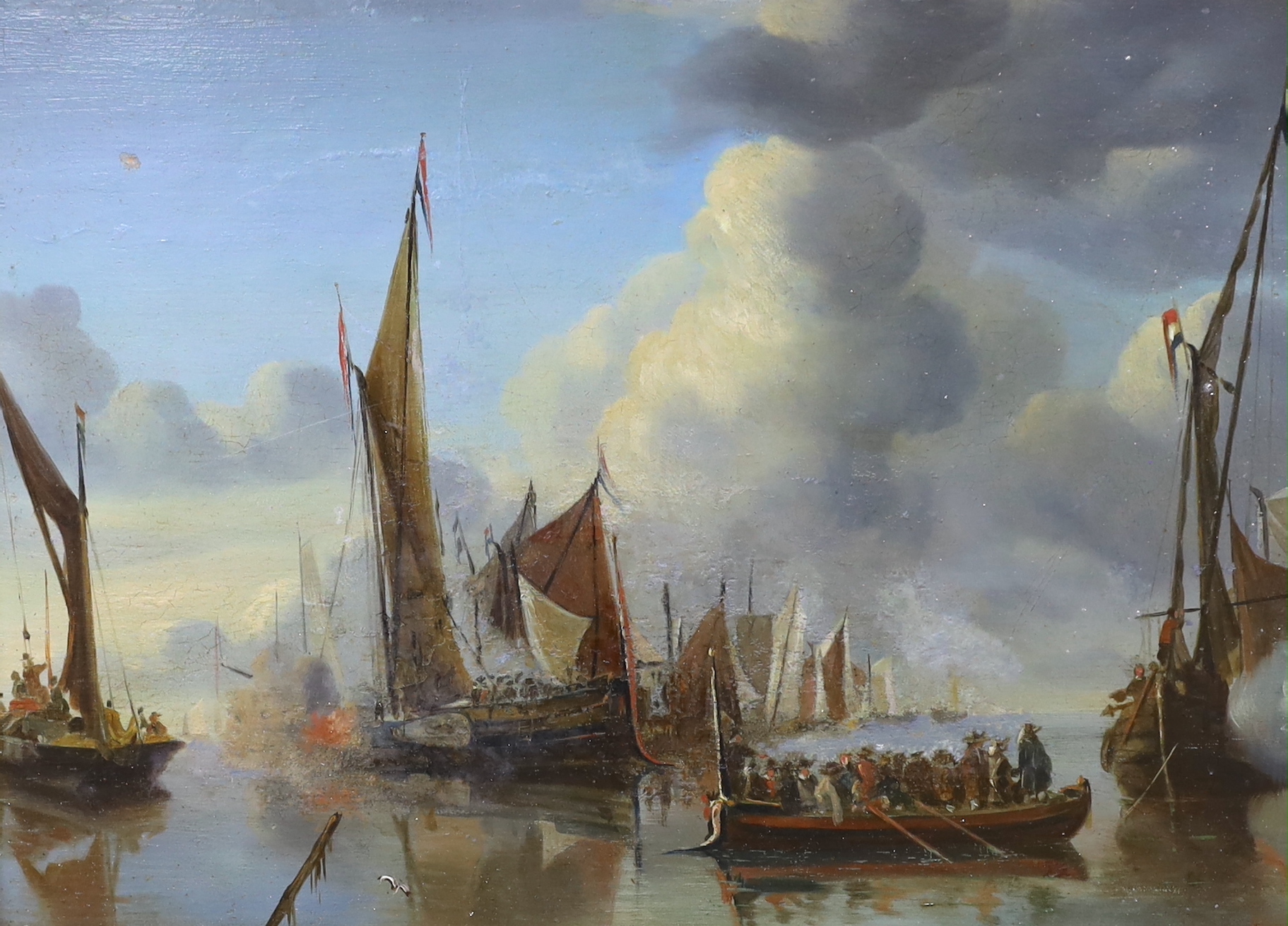 19th century Dutch School, oil on board, Shipping at anchor with salute being fired to a barge party, indistinct ink inscription and red wax seals verso, 24 x 33cm